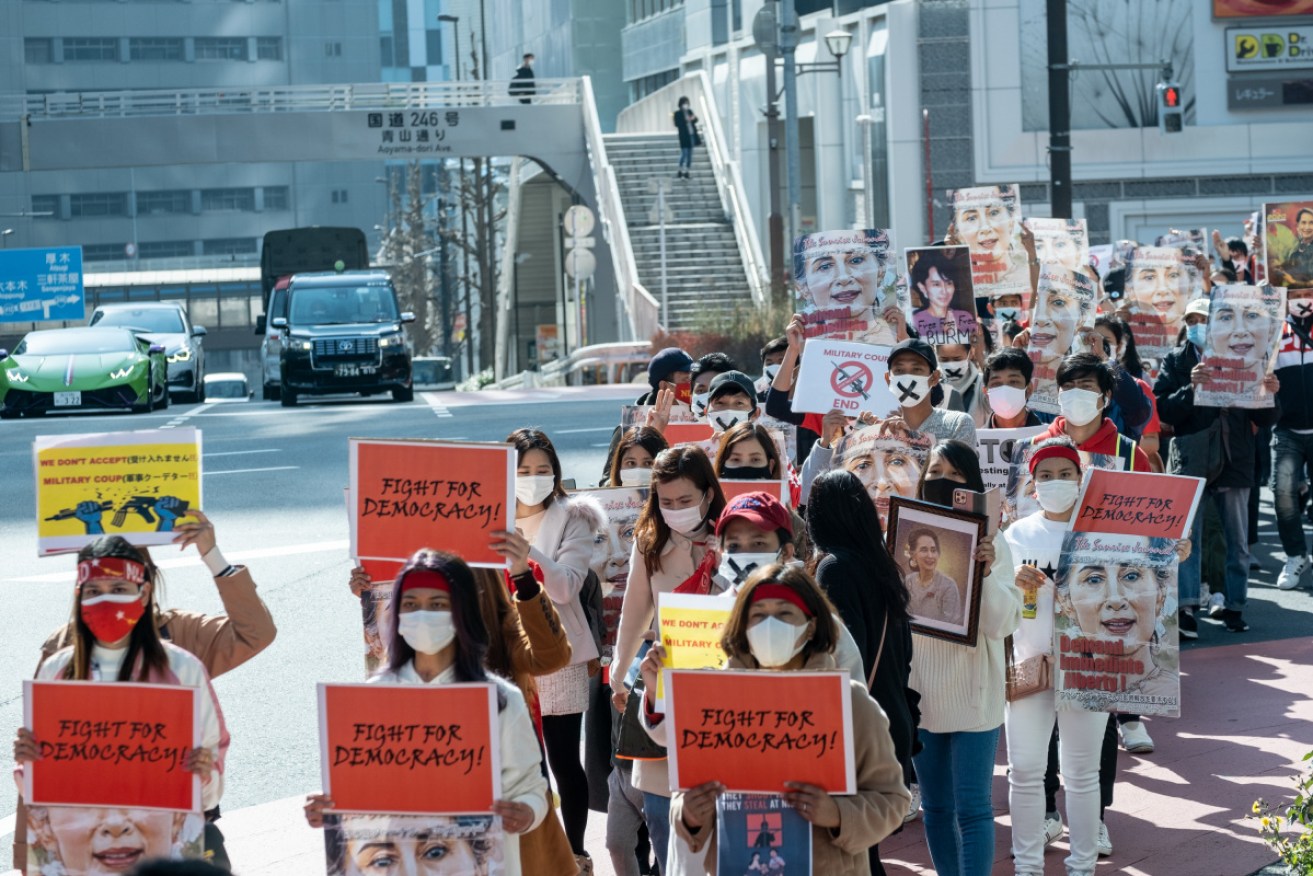 Protesters in Tokyo rally against the military coup in Myanmar and demand the release of Aung San Suu Kyi.