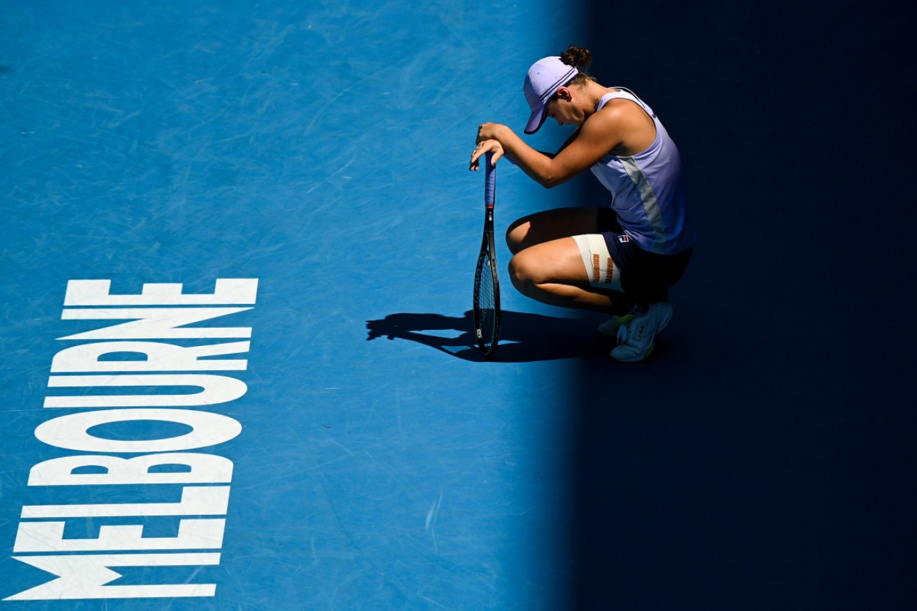 Ash Barty waits for Karolina Muchova to return from a medical time out on Wednesday.