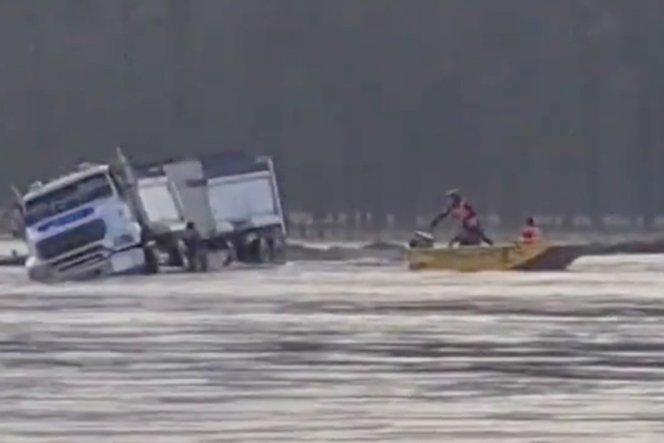 This truck was one of numerous vehicles to be trapped by floodwaters.