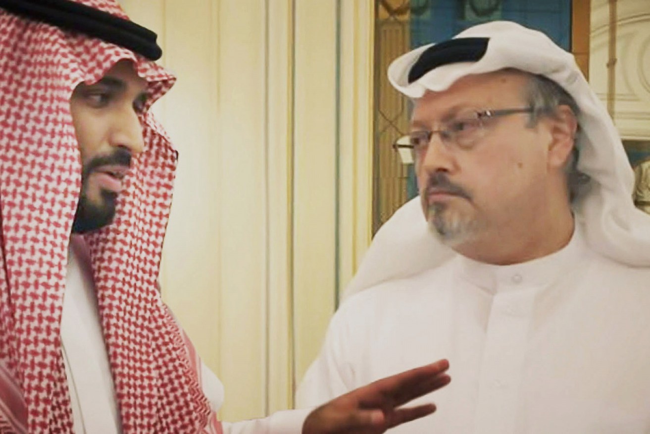 Saudi Crown Prince Mohammed bin Salman with Jamal Khashoggi in a scene from <i>The Dissident</i>. 