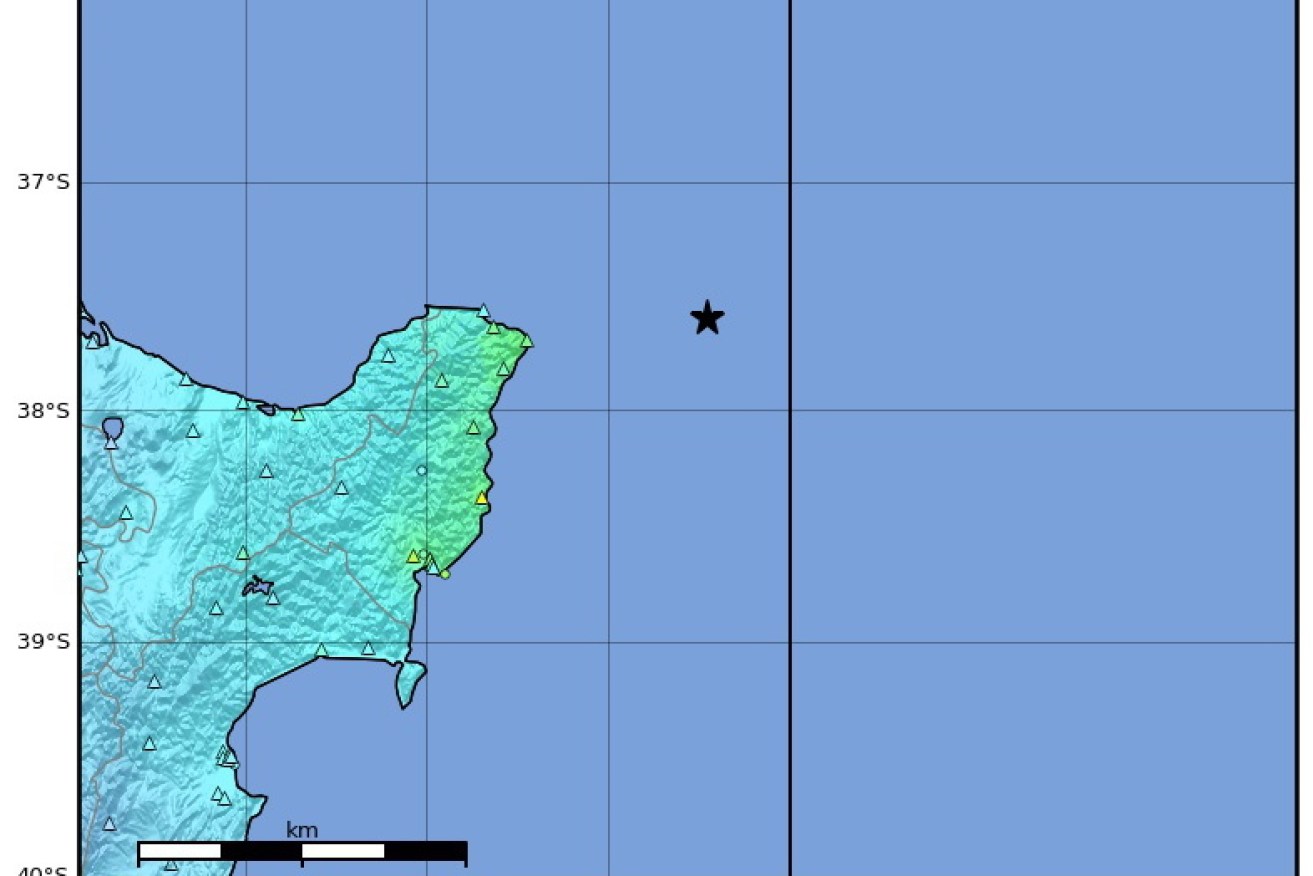 The location of a 7.3-magnitude earthquake hitting 174km north east of Gisborne