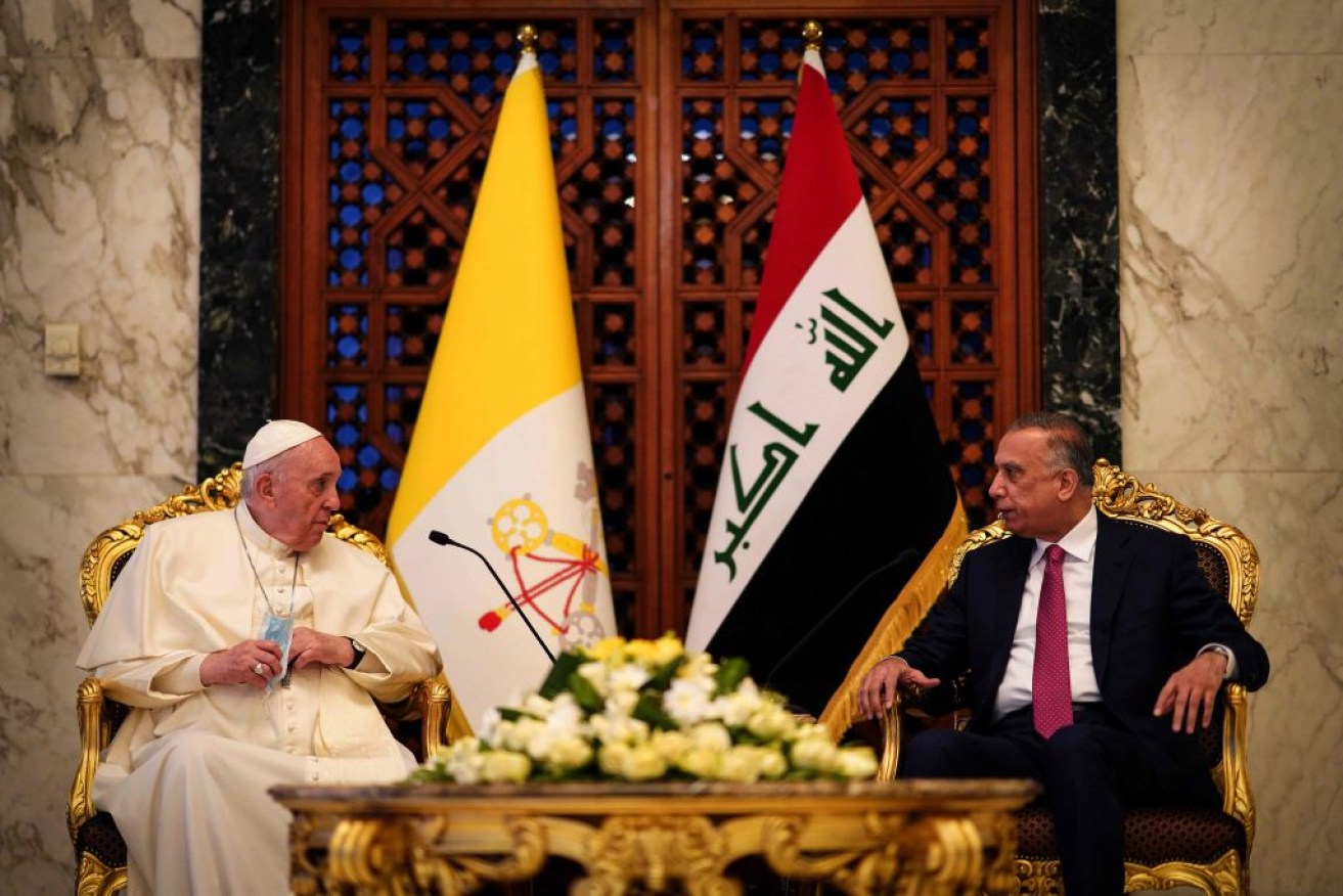 Iraq's Prime Minister Mustafa al-Kadhemi welcomes Pope Francis at Baghdad Airport's VIP Lounge.