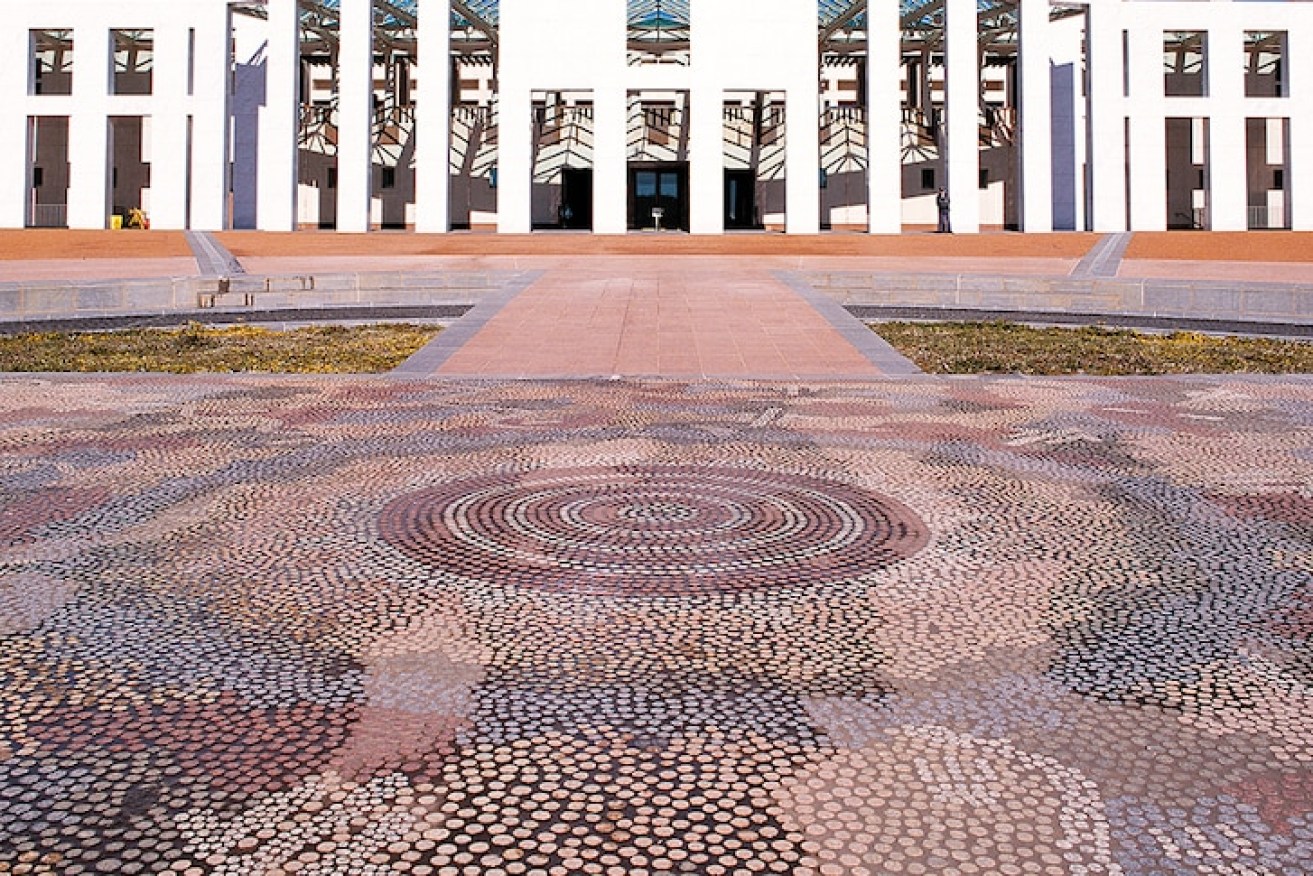 Kumantje Jagamara's Possum and Wallaby Dreaming out the front of Parliament House. 