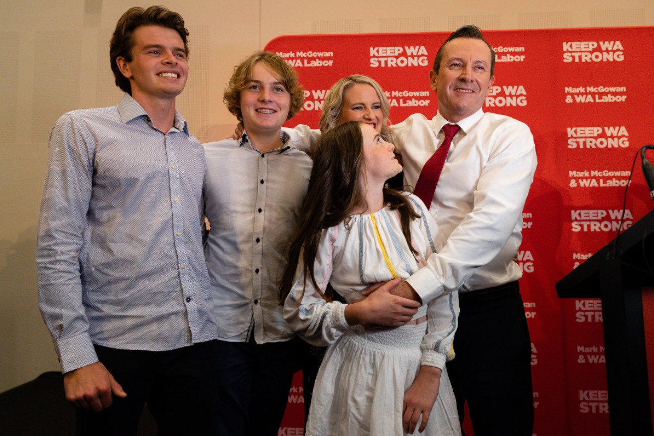 Mark McGowan, with wife Sarah and children Samuel, Alexander and Amelia, celebrate Labor's triumph.