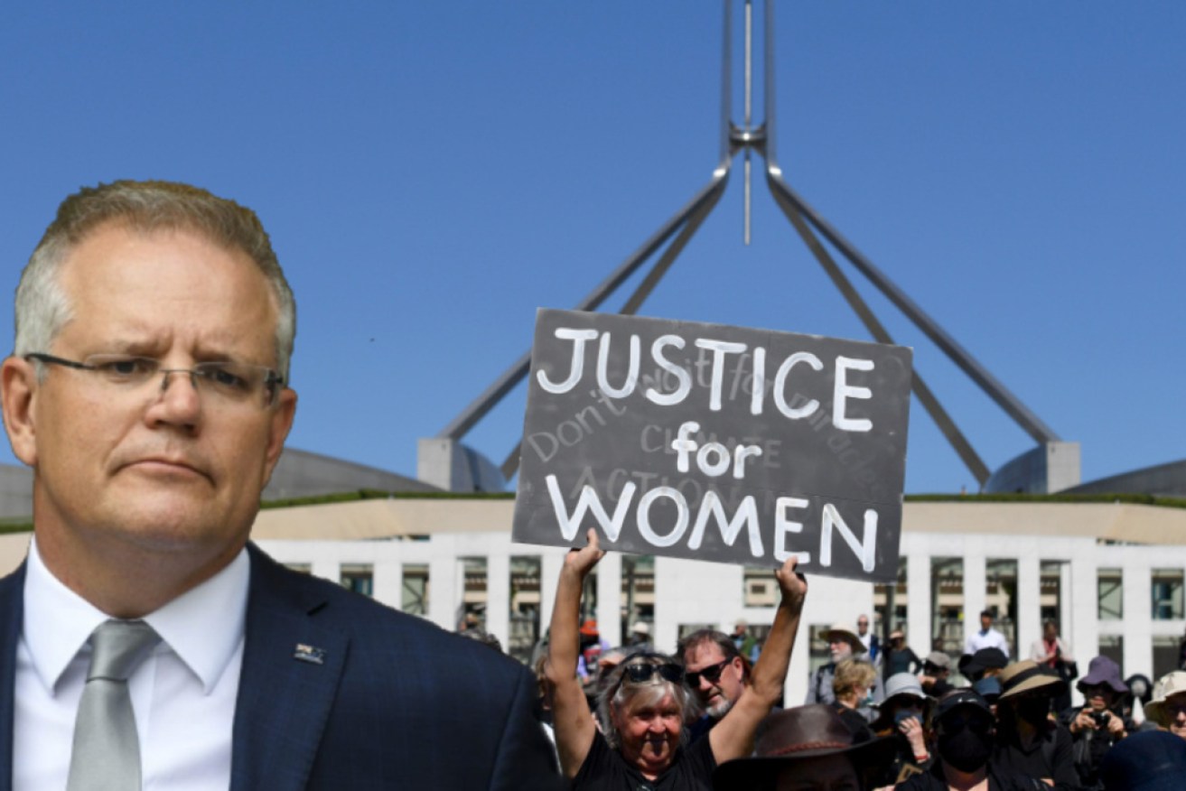 The PM stayed inside as women and allies gathered on the lawns of Parliament House last Monday.