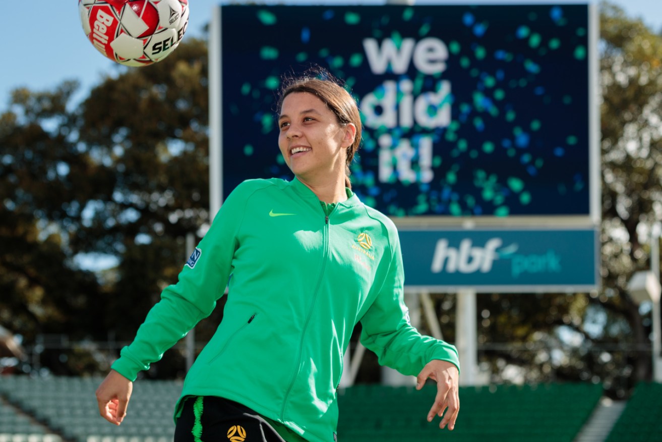 Matildas captain Sam Kerr in Perth in June after Australia and New Zealand won the right to co-host the 2023 Women's World Cup.