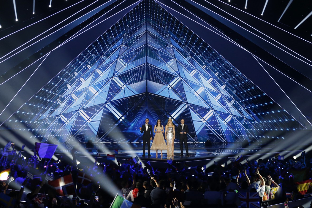 Assi Azar, Lucy Ayoub, Bar Refaeli and Erez Tal at the 2019 Eurovision Song Contest in Tel Aviv, Israel. 