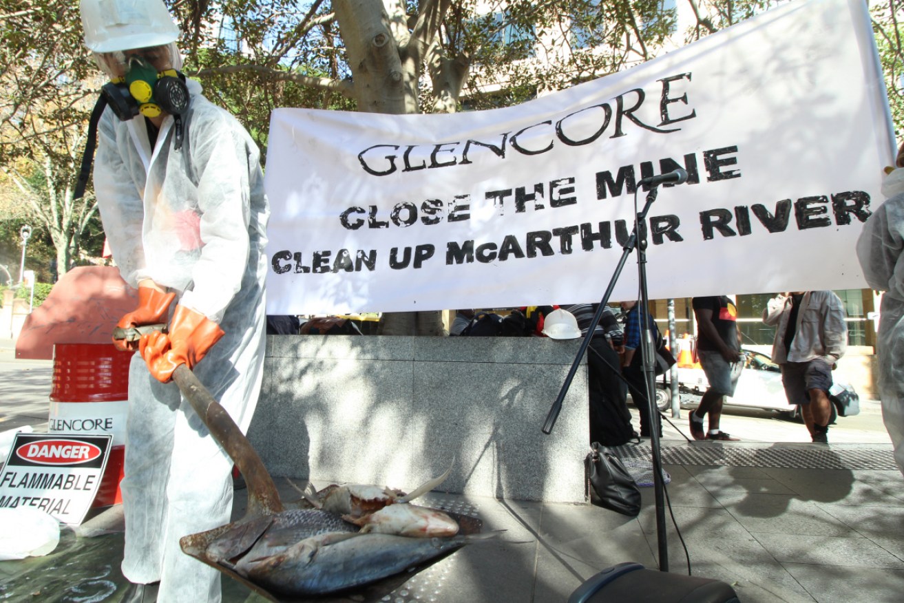 Representatives of the Borroloola Indigenous clans protest in Sydney about the McArthur River mining site in May 2016. 
