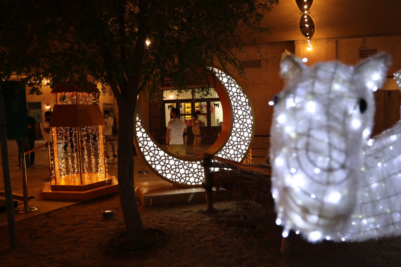 The historic Al Seef market is decorated with traditional Ramadan items, Crescent and fanous, in preparation for the Muslim holy month of Ramadan in Dubai.