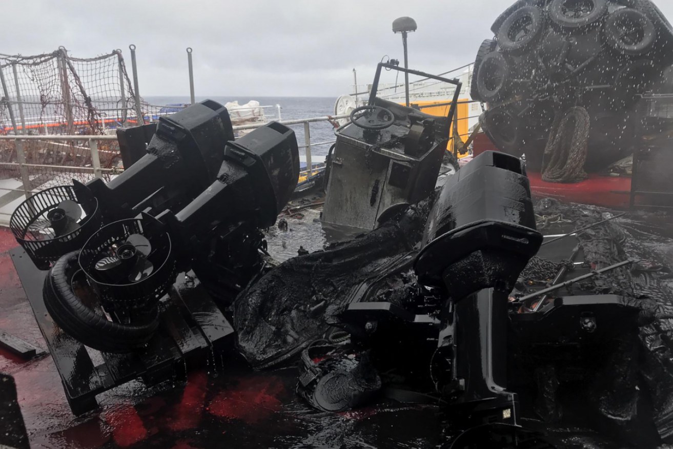 The damage caused by an engine room fire on the MPV Everest in the Southern Ocean.