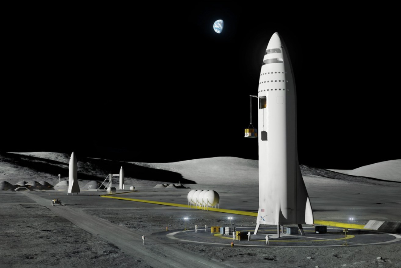 An artist's rendering - made available by Elon Musk in 2017 - depicts a SpaceX rocket design on the Earth's moon.