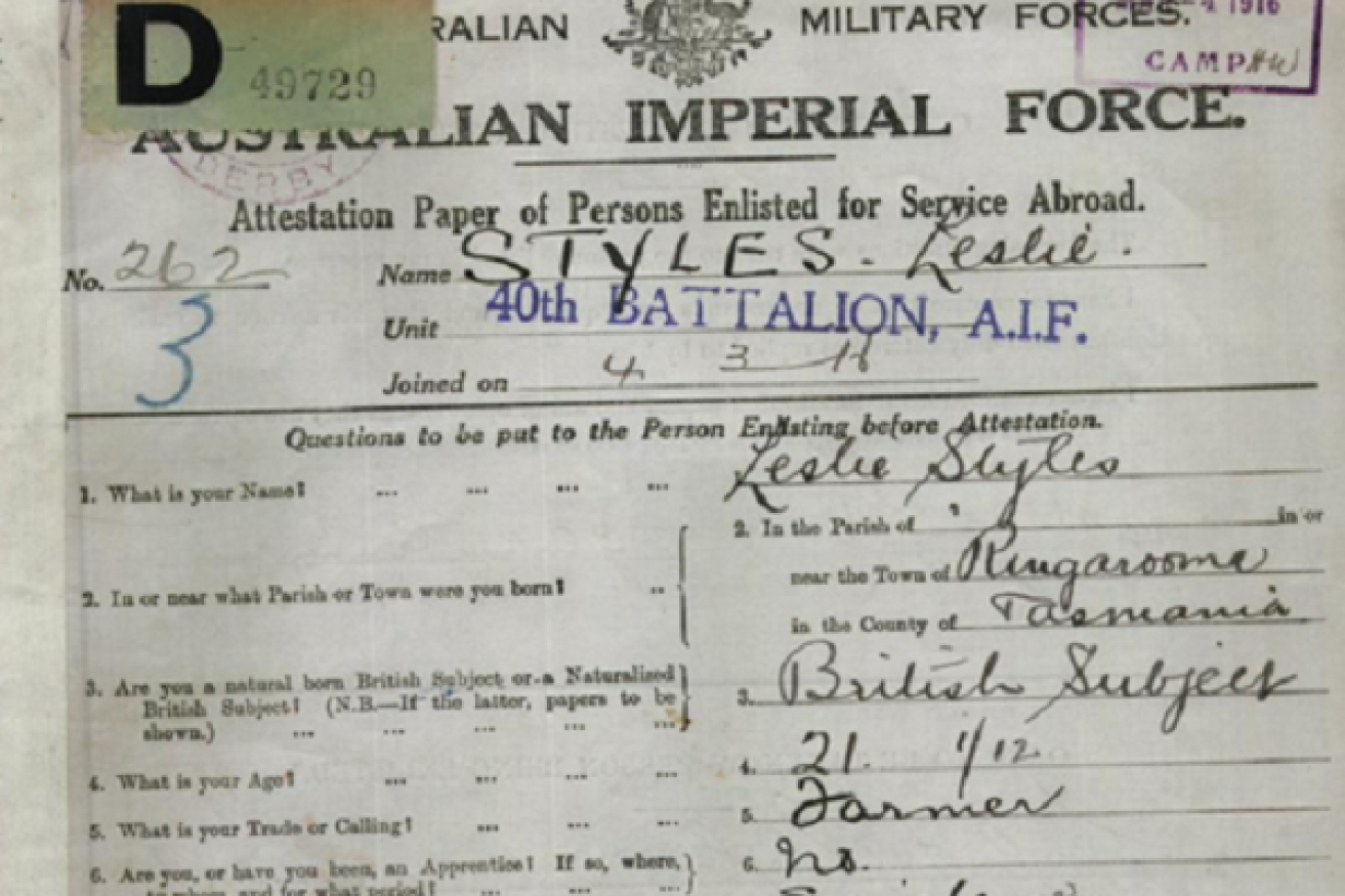 The enlistment papers Private Leslie Styles signed before sailing off to war.