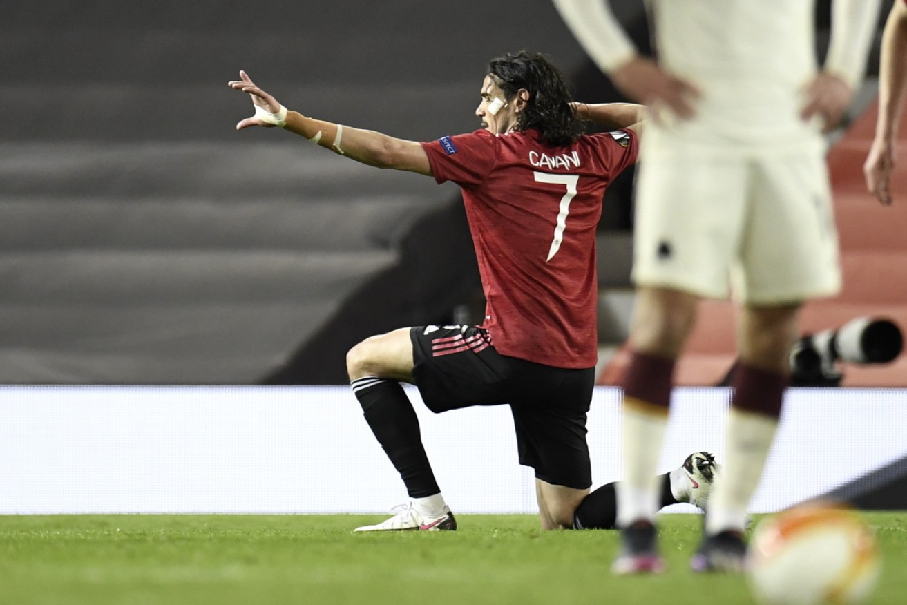 Manchester United's Edinson Cavani celebrates his second goal against Roma.