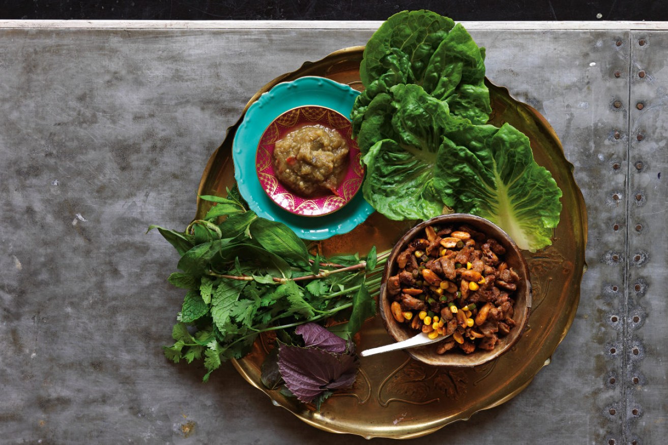 Sang choi bao of sichuan lamb with smoked eggplant nahm prik.