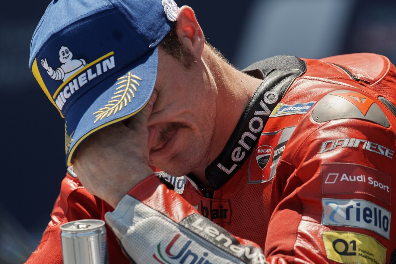 Australian rider Jack Miller celebrates his Spanish Grand Prix victory from the Jerez podium.
