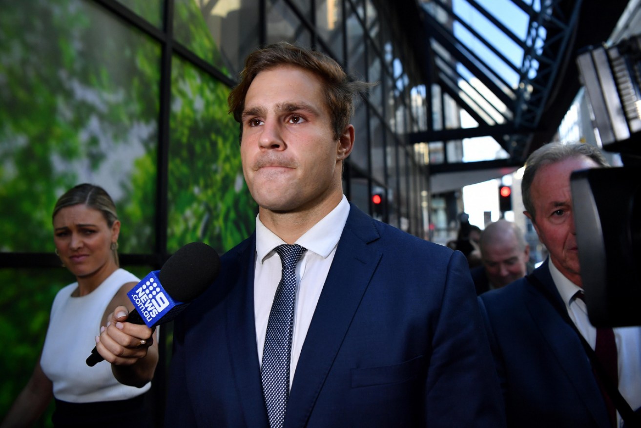 Jack de Belin leaves court after being found not guilty of one charge. 