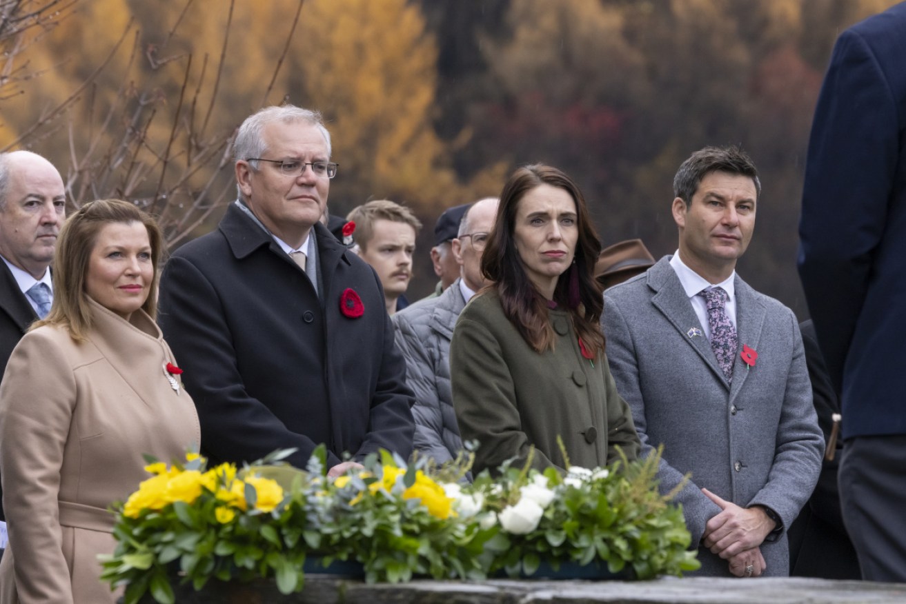 Leaders Scott Morrison and Jacinda Ardern at the Arrowtown Cenotaph at the annual Australia-New Zealand Leaders' Meeting in Queenstown.