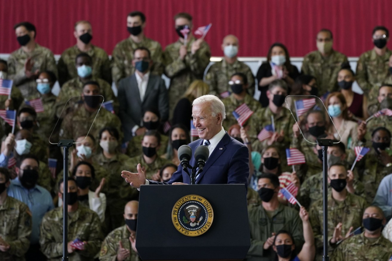 US President Joe Biden addresses US Air Force personnel ahead of the G7 summit.