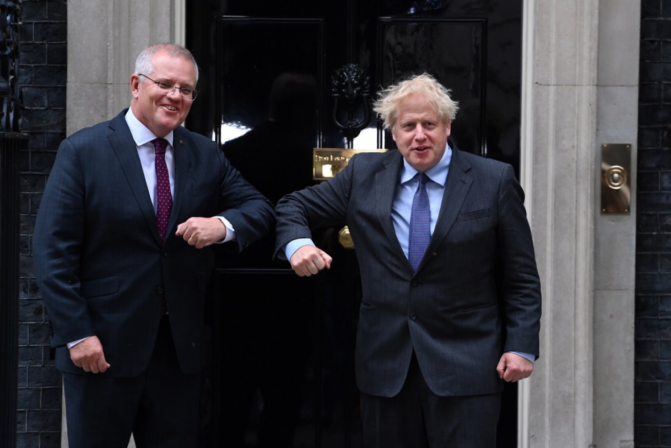 Scott Morrison with Boris Johnson at Downing Street after the G7 summit in June.
