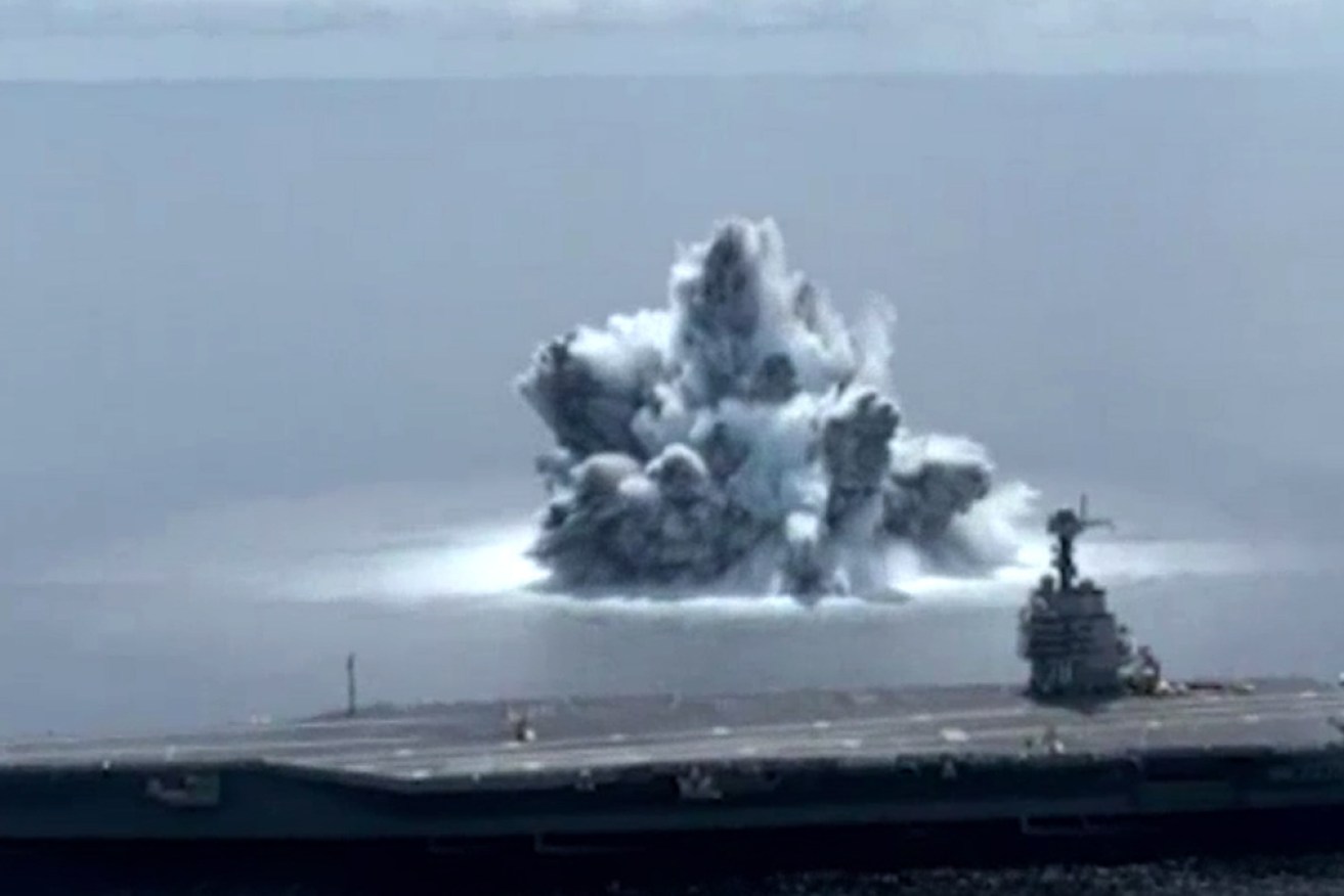 Almost 20 tonnes of explosives was detonated near the USS Gerald R Ford to test whether it could withstand combat conditions.