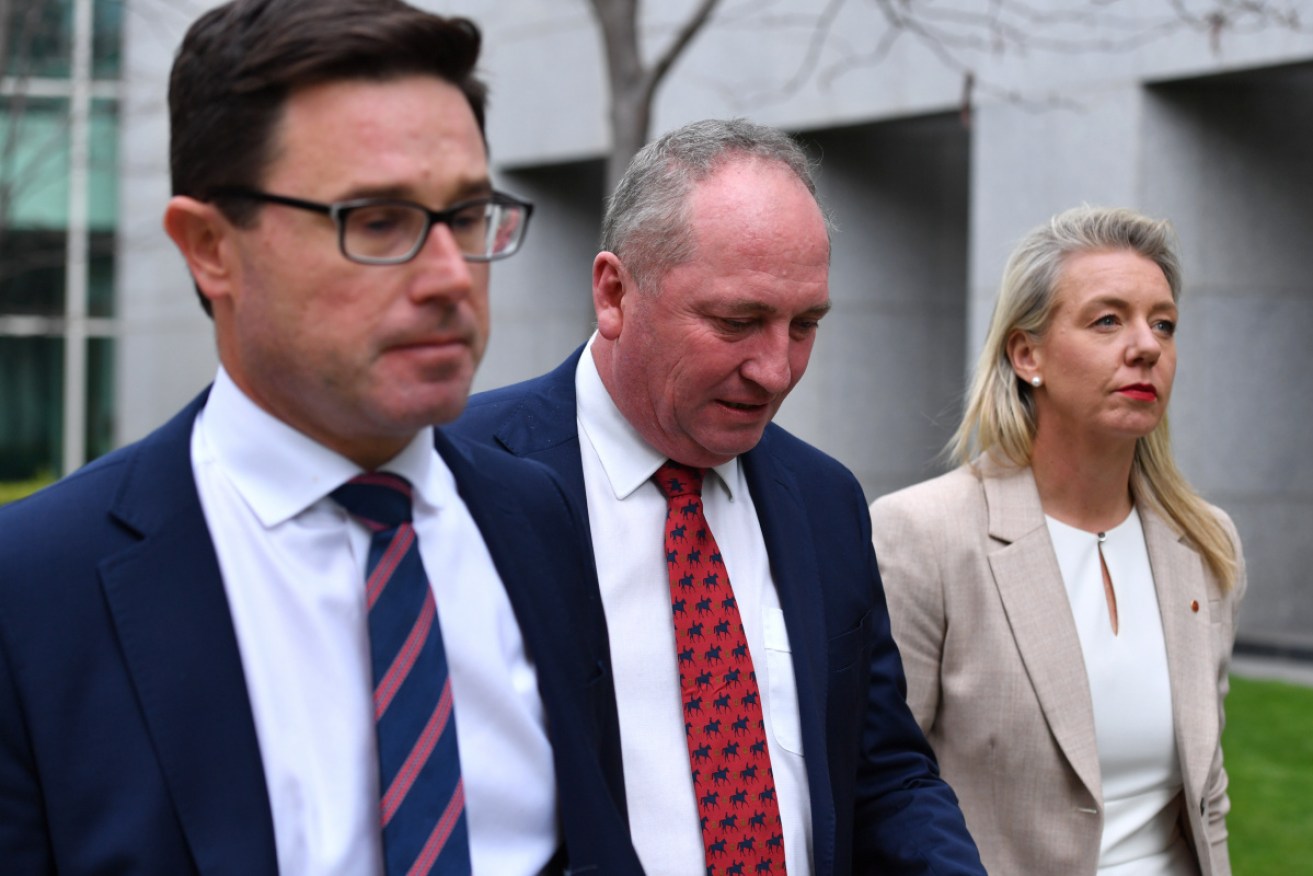 David Littleproud and Bridget McKenzie were with Barnaby Joyce when he confirmed he had won back leadership of the Nationals.