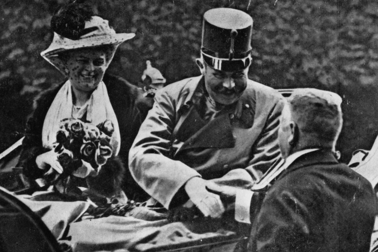 Franz Ferdinand, Archduke of Austria, and his wife Sophie riding in an open carriage at Sarajevo shortly before their assassination.