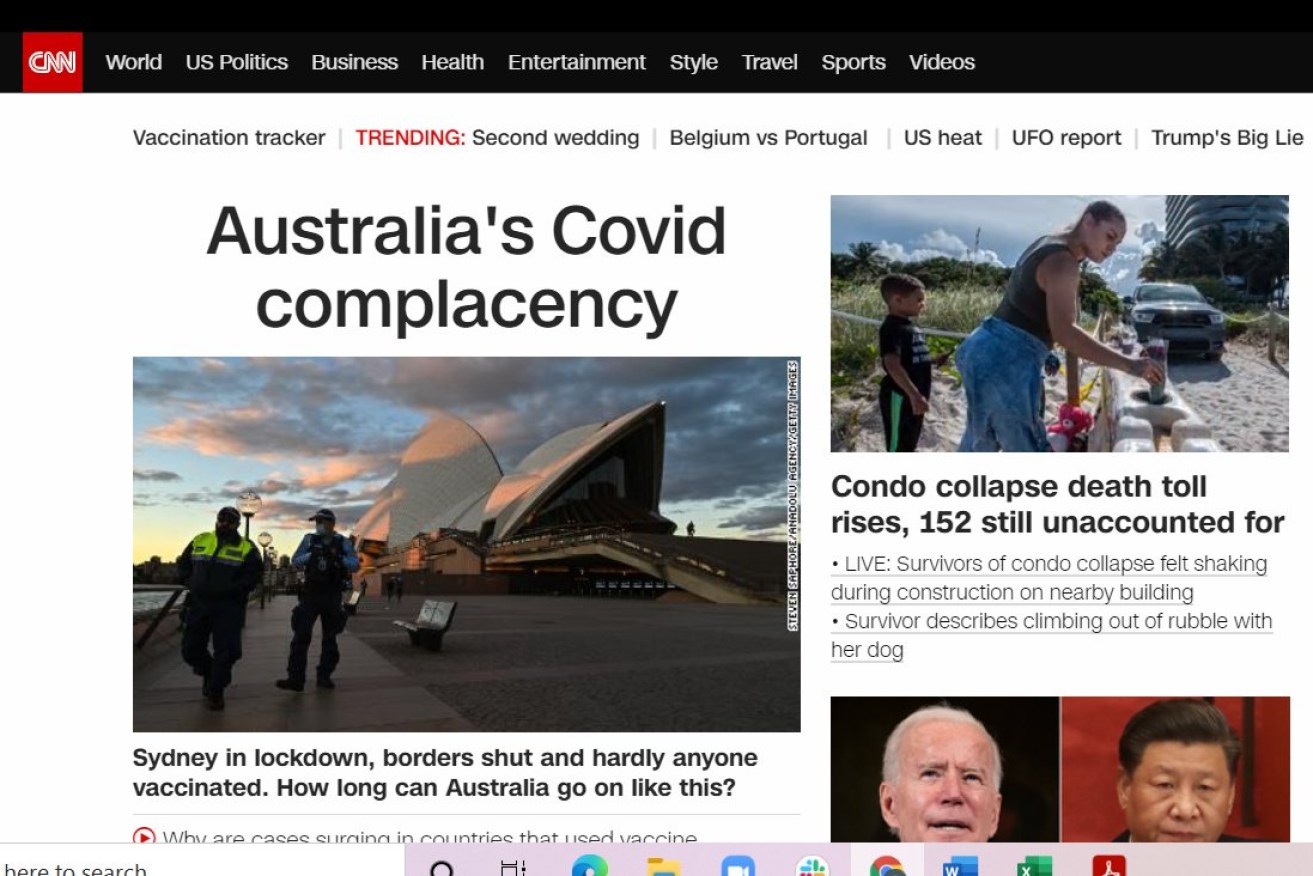 A recent homepage on CNN International blasting Australia's "COVID complacency". 