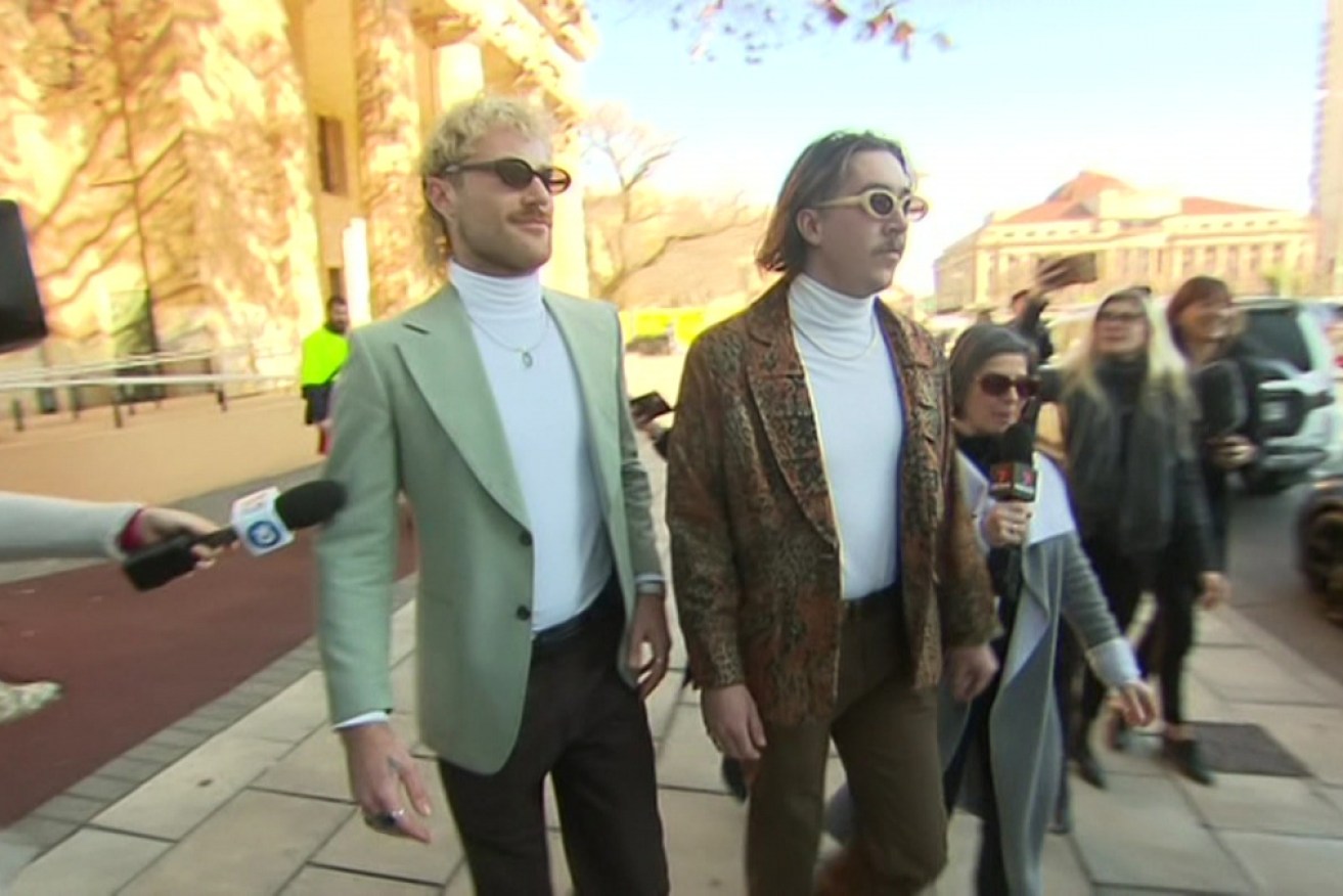 Accused Big Bird thieves Tasman Binder and Cody Milne outside Adelaide Magistrates Court.
