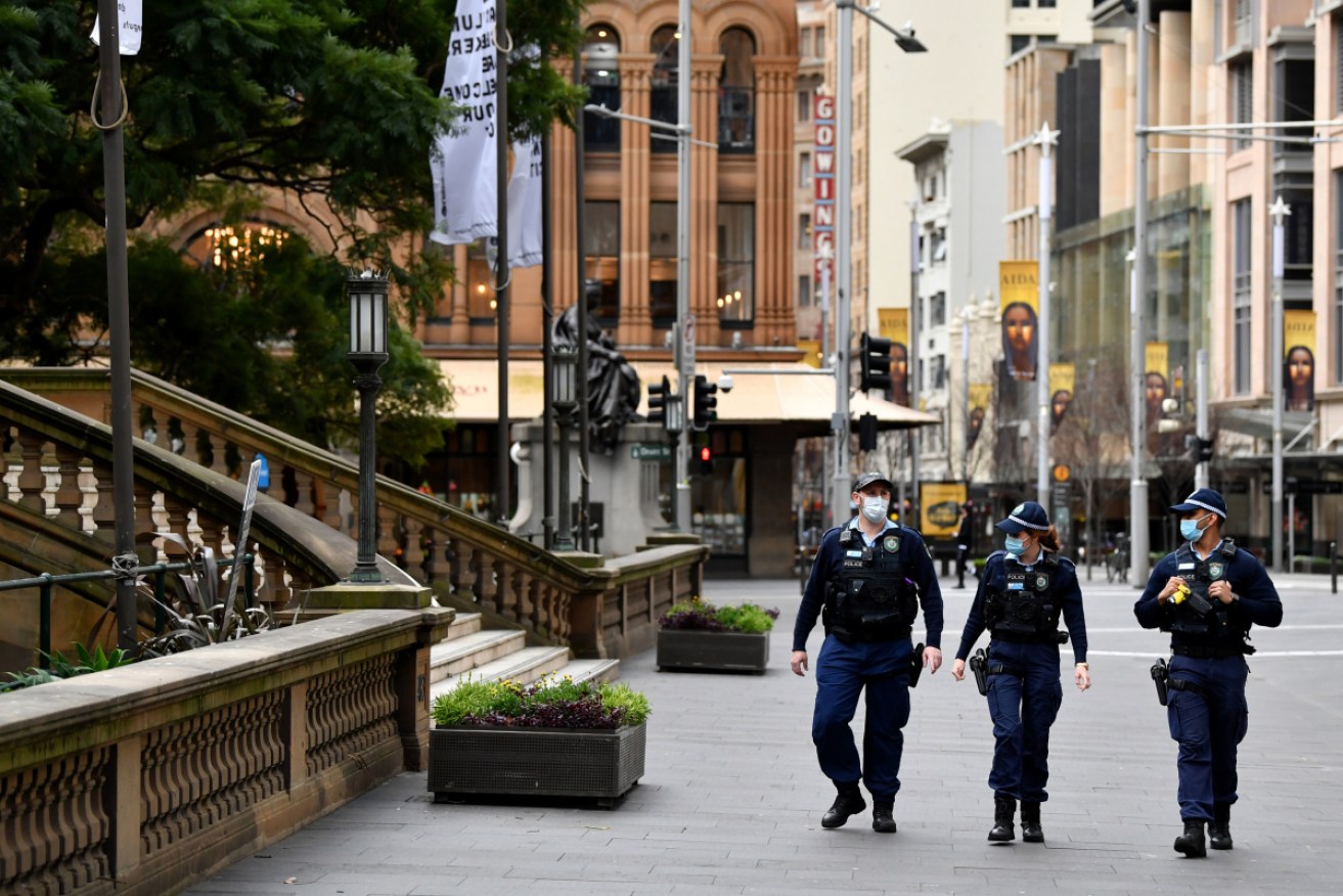 NSW Police patrol George Street in Sydney’s CBD on Tuesday.
