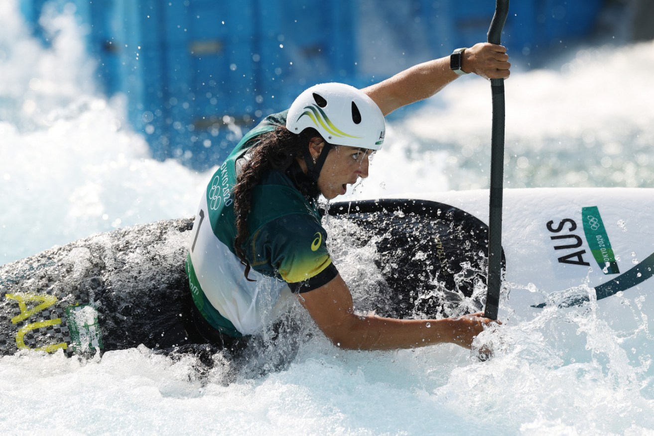 Jessica Fox focuses in the women's kayak slalom heats at Kasai Canoe Slalom Centre on Sunday.