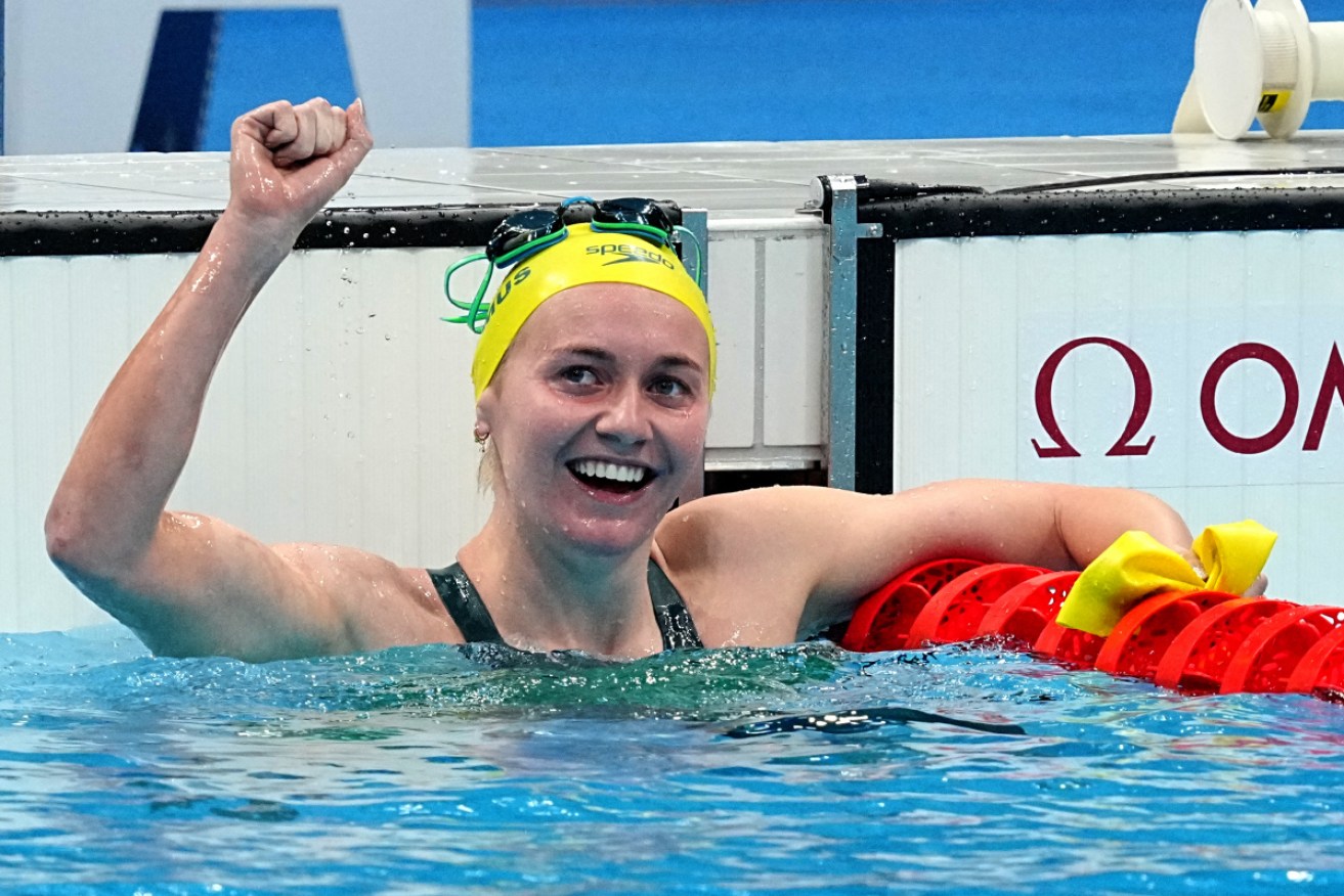 Titmus reacts after her gold-medal swim in the Tokyo pool.