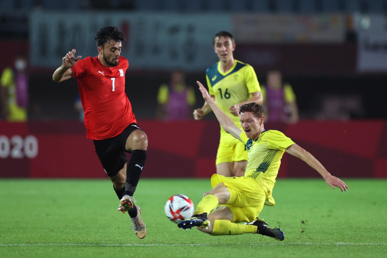 Egypt’s Salah Mohsen skips over the challenge of Team Egypt is Kye Rowles on Wednesday night.