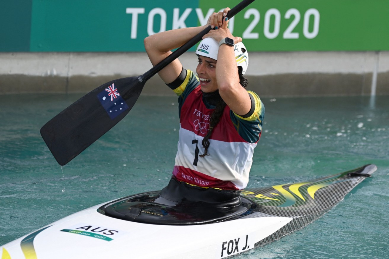 A stunned Jessica Fox celebrates winning the women's Canoe final on Thursday.  
