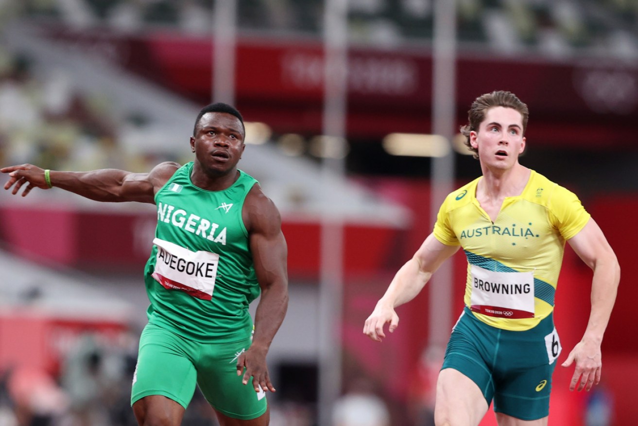 Nigeria’s Enoch Adegoke and Rohan Browning compete in the men's 100m semi-final on Sunday.