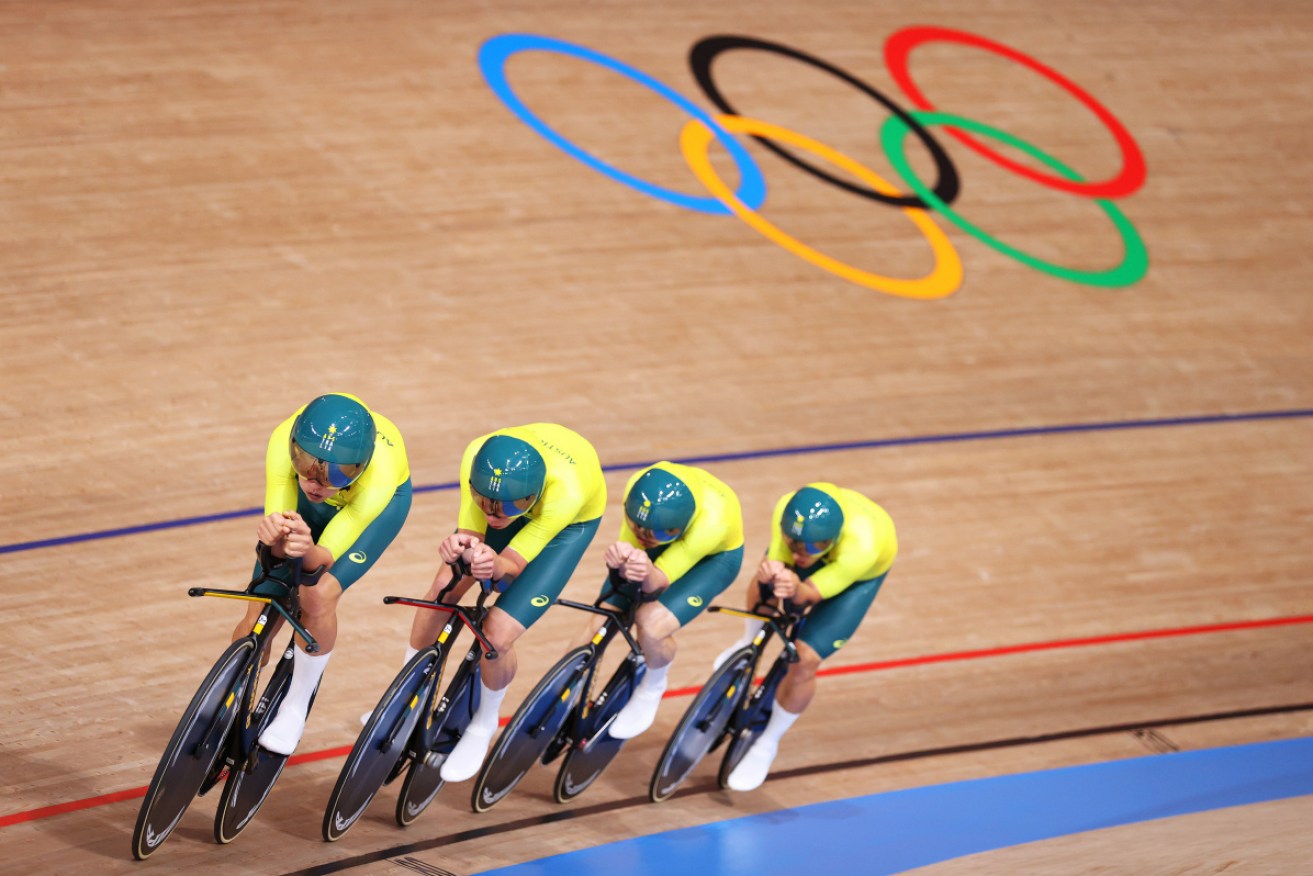 Kelland O'Brien, Sam Welsford, Leigh Howard and Lucas Plapp on their way to bronze in the men's team pursuit finals.