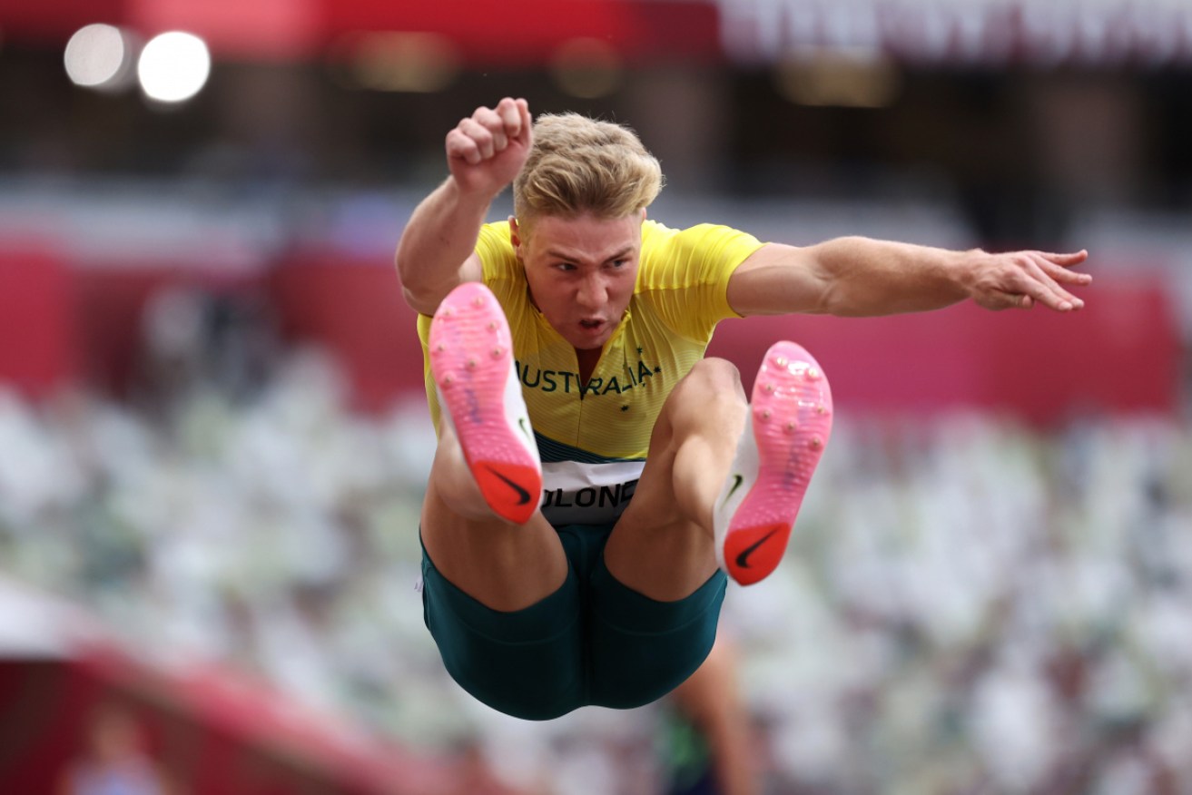 Ashley Moloney gives the long jump his best shot in the men's Decathlon on Wednesday.