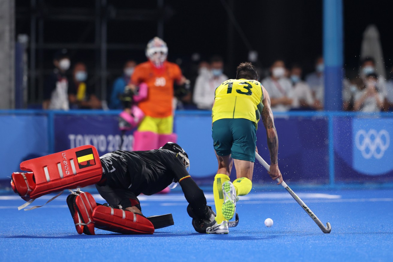 Australia’s Blake Govers fails to convert his side's  first penalty past Belgium’s Vincent Vanasch. 