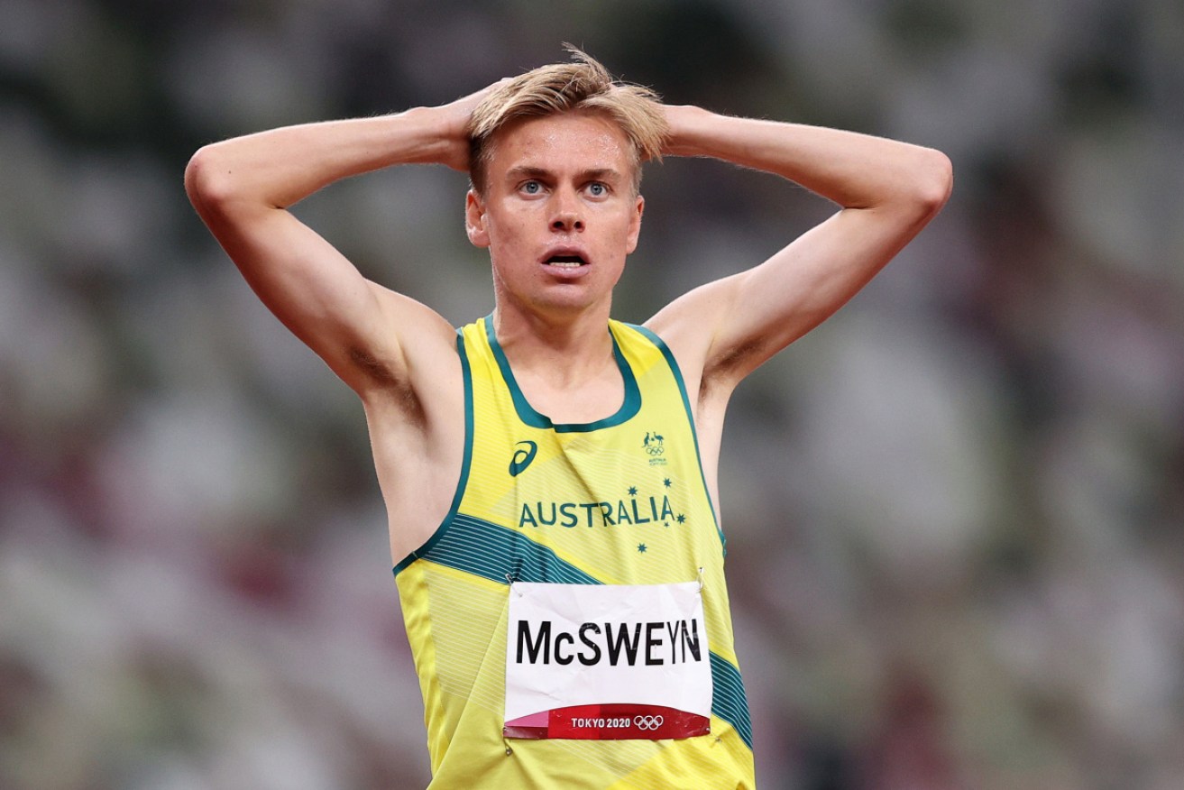 A relieved Stewart McSweyn reacts after qualifying on Thursday for the 1500 metres final.