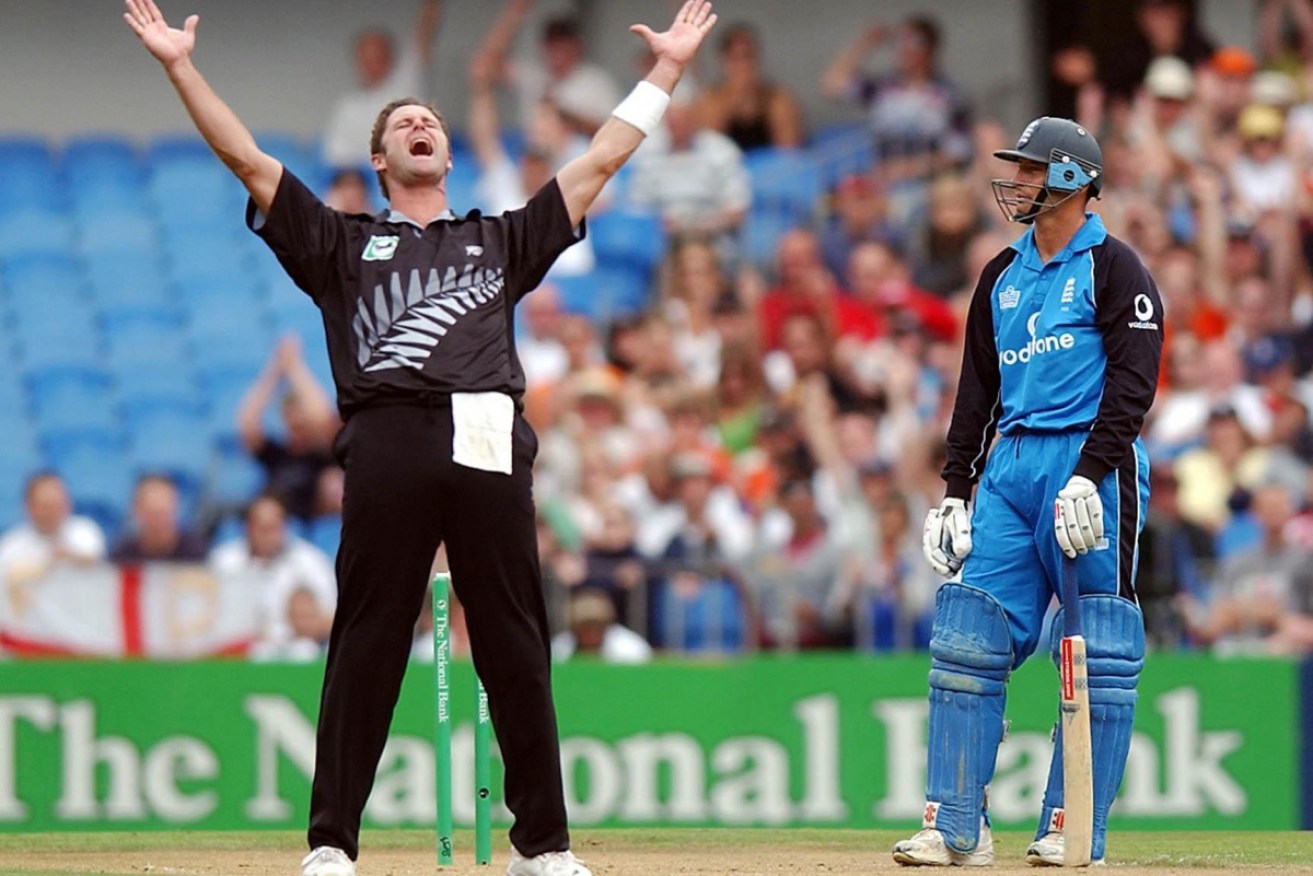 Chris Cairns celebrates the wicket of then England captain England skipper Nasser Hussain in 2002.