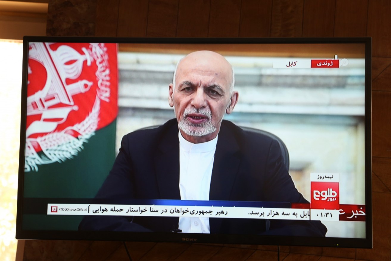 Mr Ghani, seen here in a televised address to Afghans last week, is now in hiding in the UAE.