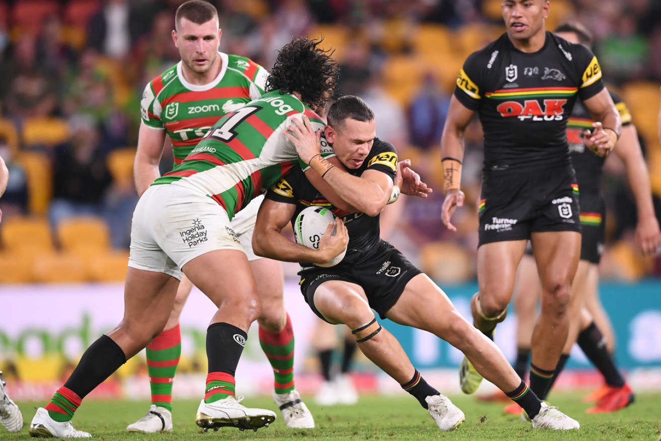 South Sydney's Keaon Koloamatangi is facing a ban for a crasher tackle on Penrith's Brent Naden.