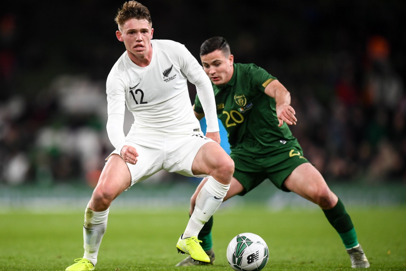 Callum McCowatt on the field for NZ's All Whites against Ireland in 2019.
