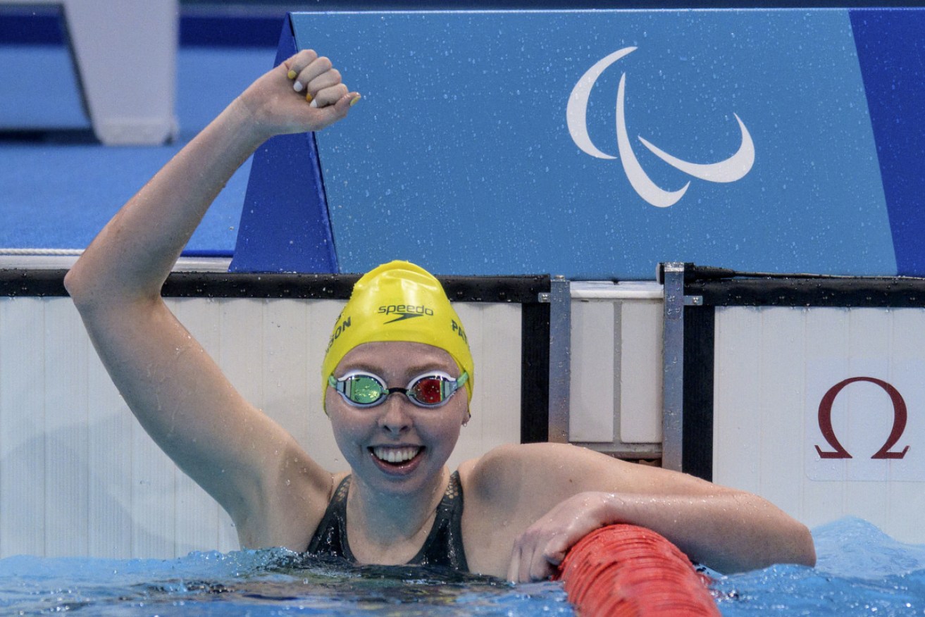 Lakeisha Patterson celebrates after winning the Women's 400m Freestyle S9 at the Paralympic Games.