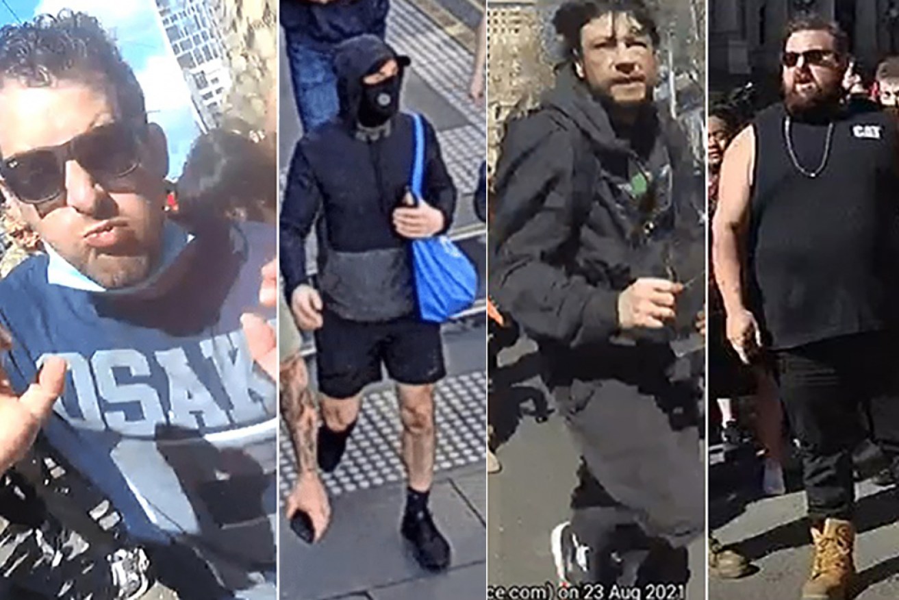 A combined image of four of the six men police wish to speak to in relation to the assault of police officers at last weekend's anti-lockdown rally in Melbourne.