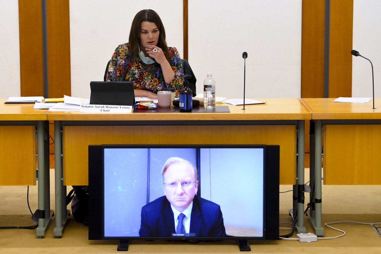 Sarah Hanson-Young looks on as Sky News CEO Paul Whitaker gives evidence to the media diversity hearing.