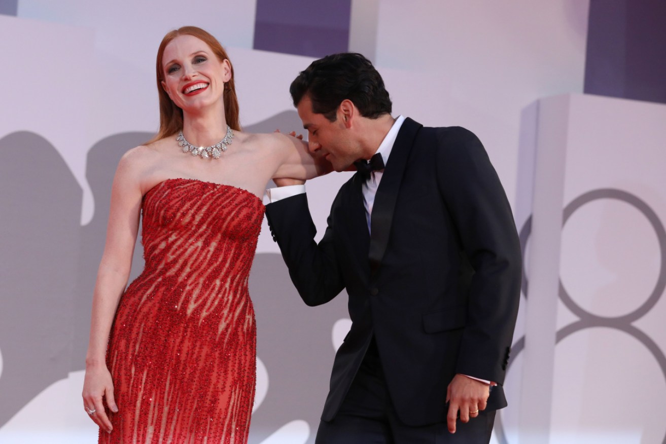 Jessica Chastain laughs off a candid display of red-carpet marketing magic for her HBO series Scenes from a Marriage.
