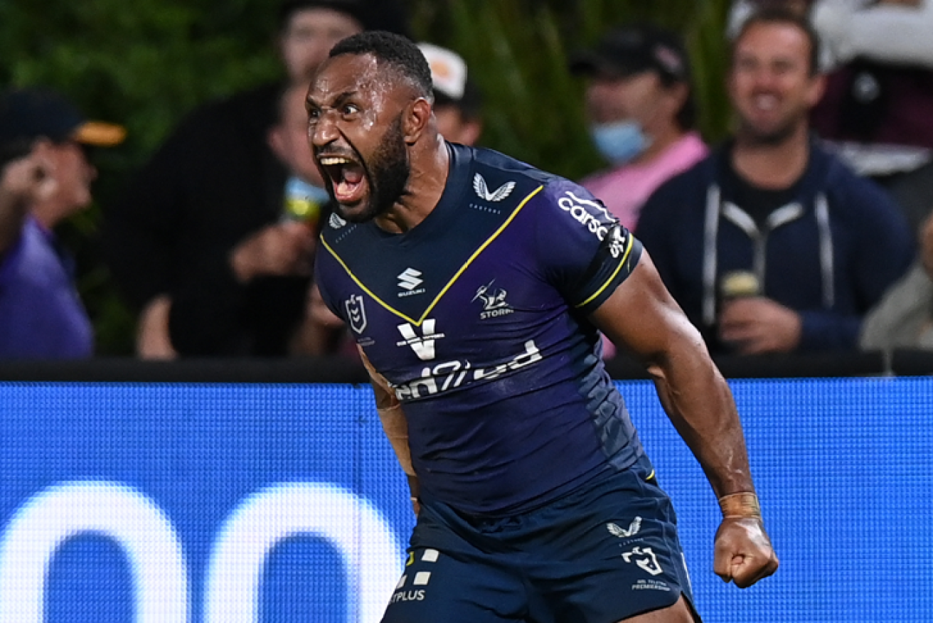 Justin Olam of the Storm celebrates after scoring a try during the NRL Qualifying Final between the Melbourne Storm and the Manly Warringah Sea Eagles at Sunshine Coast Stadium.