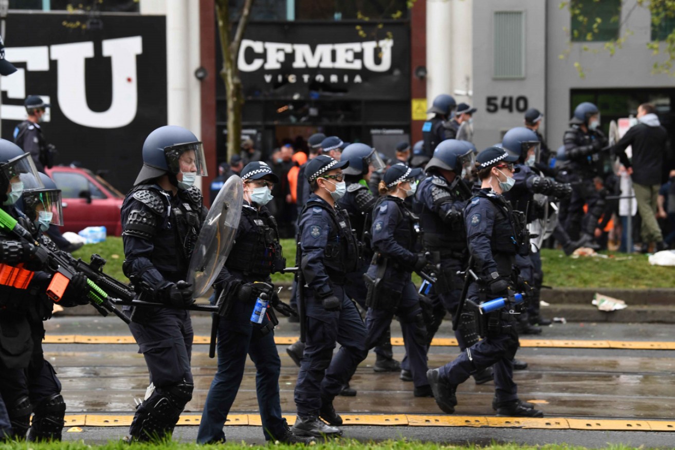 Police attended the protest outside the CFMEU building in riot gear.