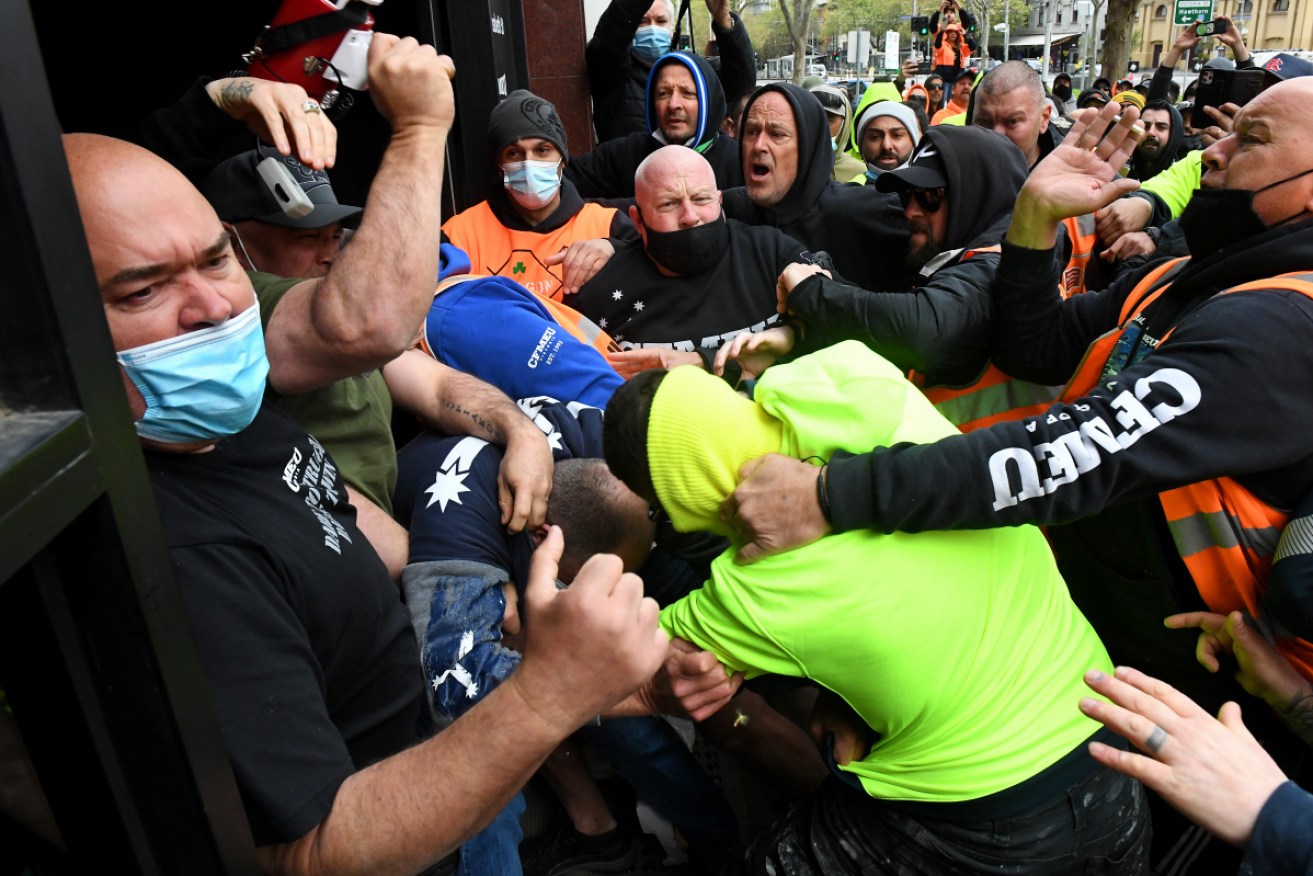 Victoria's vaccination mandate for construction workers sparked violent protests in Melbourne.