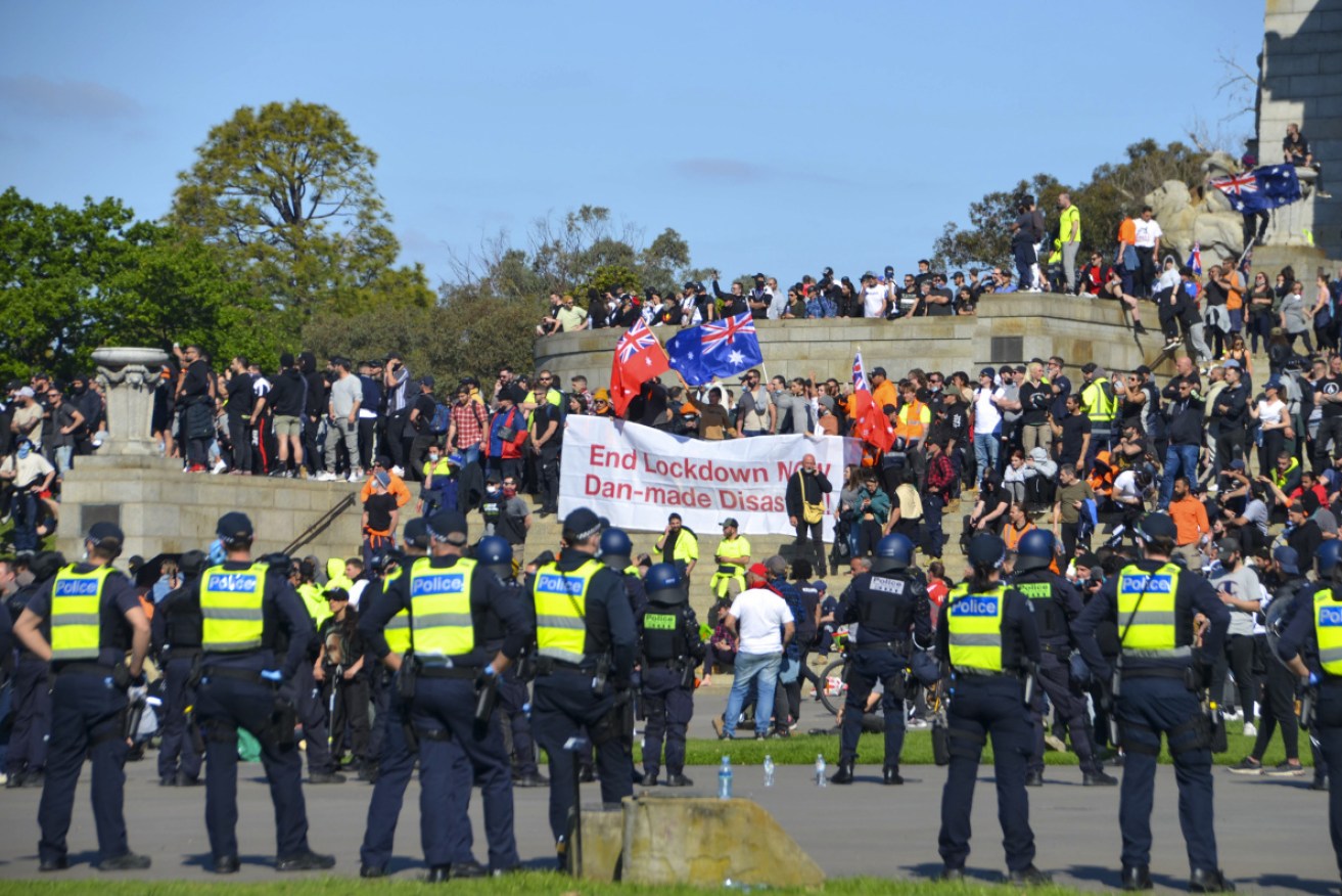 Wednesday's anti-lockdown protest ended in a confrontation at the Shrine of Remembrance, which has been condemned.